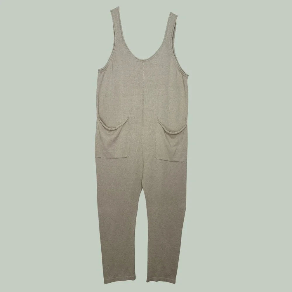 Free People Beach Jumpsuit Cotton Blend Women XL Beige Knit Overalls Boho Earthy